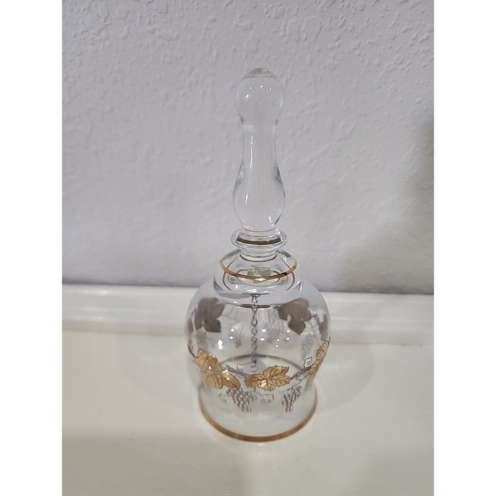 Bohemia Glass Czech Gold Leaf and Grape Etched Bell 5.25" Tall